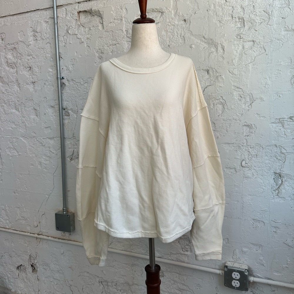 Free People Cream Ribbed Waffle Pullover Sweatshirt